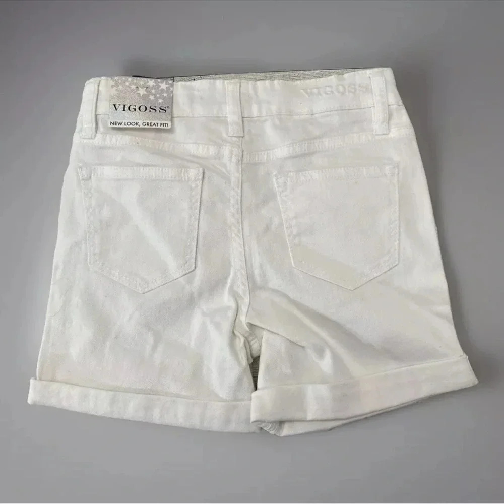 NWT Vigoss Adjustable Waist The Chelsea White Denim Snap Button Fly Shorts Sz 10 - Picture 2 of 7